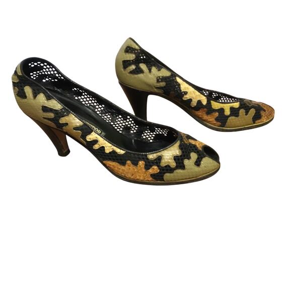 Vintage Andrea Pfister Black mesh Multi snake skin appliqué peep toe Pump - Picture 3 of 5